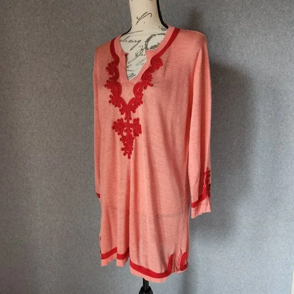 Soft Surroundings Linen Blend Ribbon Embellishing Tunic Top Long Sleeve Coral - Picture 3 of 8